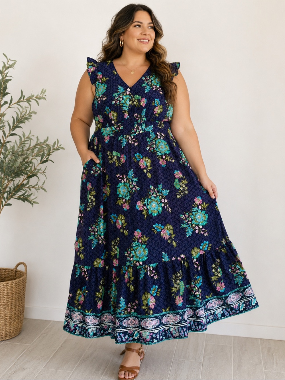 Plus Size 22 Floral Cotton Maxi Dress Boho Tiered Pockets Lane Bryant NWT Flowy